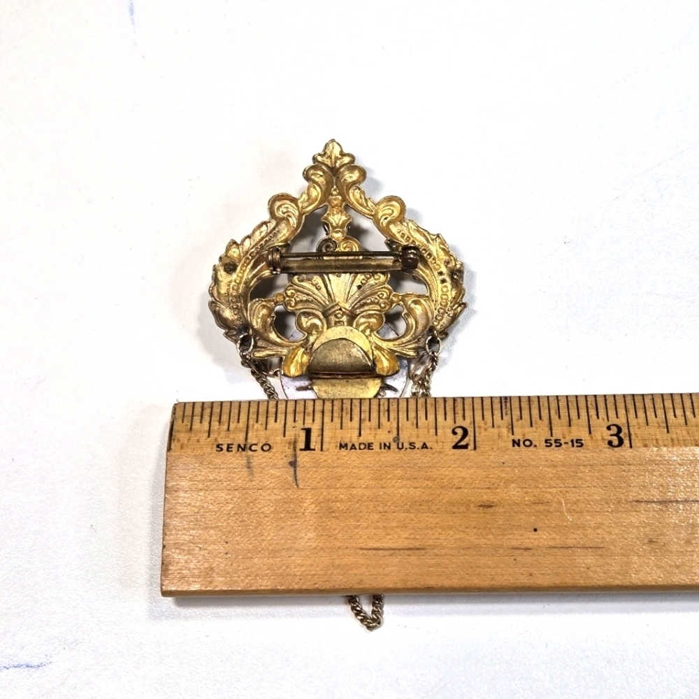 Vintage Art Deco Steampunk Victorian Clock Watch Brooch Green Gold Crystals - Picture 3 of 4